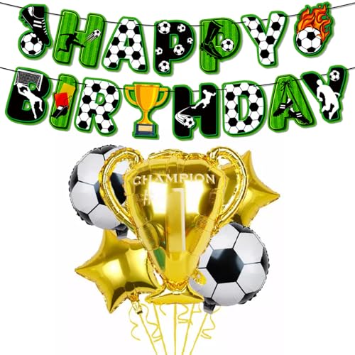 Fussball Geburtstag Deko Girlande Set, 5 Stück Fussball Luftballons mit Fußball Happy Birthday Banner, Trophäe Folienballon Deko Geburtstag Kinder, Luftballon für Spieltag Fußball Weltmeisterschaft von ZhuoFan