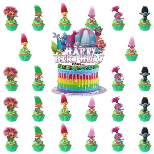 25 Stück Trolls Elf Tortendeko, Zauberelf Kuchen Deko, Cute Cartoon Elf Cupcake Toppers Muffin Decoration, Happy Birthday Cake Topper Set, für Kinder Mädchen Jungen Geburtstag Party von Zhuporn