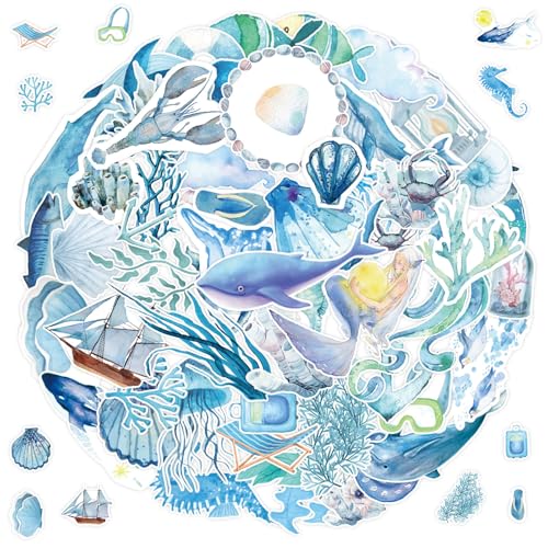 Ozean Blau Aufkleber, 2 X 50 Stück Meerestiere Sticker Set, Wasserfeste Vinyl Stickers für DIY Dekoration, Niedlich Blau Deko Aufkleber, für Auto Motorräder Laptop Fahrrad Skateboard Snowboard von Zhuporn
