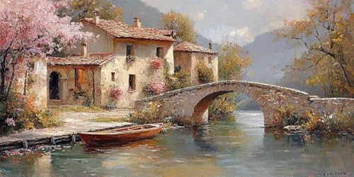 Malen Nach Zahlen Erwachsene,Brücke Malen Nach Zahlen Fluss Paint by Numbers Bastelset DIY Handgemalt Ölgemälde Kit mit 3 Pinseln und Acrylfarbe für Herbstdeko Deko Wohnzimmer,30x60 Ohne Rahmen F1-408 von Zhynfiie