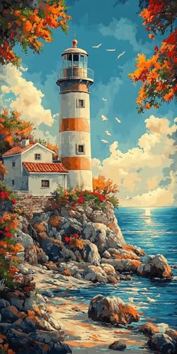 Malen Nach Zahlen Erwachsene,Landschaft Malen Nach Zahlen Leuchtturm Paint by Numbers Bastelset DIY Handgemalt Ölgemälde mit 3 Pinseln und Acrylfarbe für Deko Wohnzimmer,40x80 cm Ohne Rahmen F1-590 von Zhynfiie