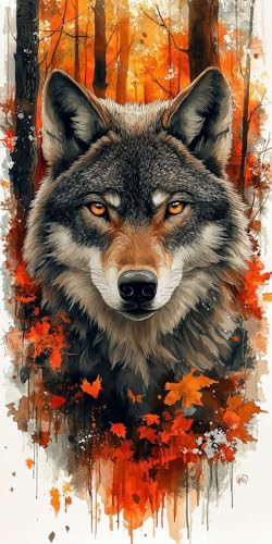 Malen Nach Zahlen Erwachsene,Wolf Malen Nach Zahlen Ahornblatt Paint by Numbers Bastelset DIY Handgemalt Ölgemälde mit 3 Pinseln und Acrylfarbe für Herbstdeko Deko Wohnzimmer,40x80 Ohne Rahmen F1-594 von Zhynfiie
