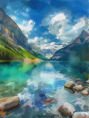 Landschaft Malen Nach Zahlen Berg Malen Nach Zahlen Erwachsene mit Rahmen Handgemalt Olgemälde Set Mit 3 - Pinseln und Acrylfarbe Farbige Leinwand Paint by Numbers Adult Deko Wohnzimmer 50x65cm -w69 von Zhyolei