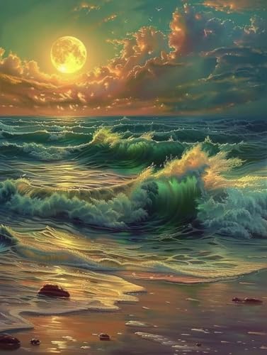 Malen Nach Zahlen Mond Malen Nach Zahlen Erwachsene Meer Paint by Numbers Mit 3 - Pinseln und Acrylfarbe Farbige Leinwand Kit für ab 9 Jahre Mädchen Handgemalt Olgemälde 100x135cm mit Rahmen -w39F von Zhyolei