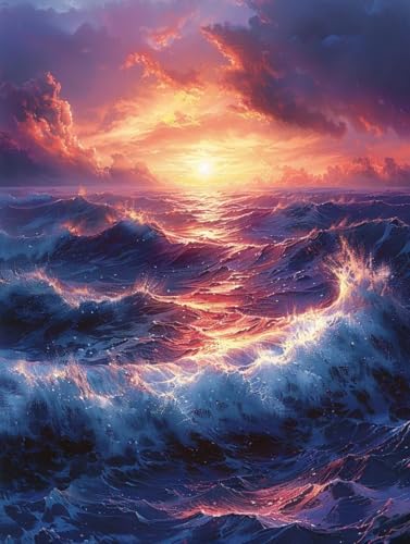 Meer Malen Nach Zahlen Sonnenuntergang Malen Nach Zahlen Erwachsene ohne Rahmen Handgemalt Olgemälde Set Mit 3 - Pinseln und Acrylfarbe Farbige Leinwand Paint by Numbers Deko Wohnzimmer 70x95cm -r150 von Zhyolei