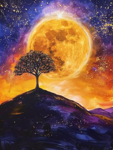 Mond Malen Nach Zahlen Baum Malen Nach Zahlen Erwachsene mit Rahmen Handgemalt Olgemälde Set Mit 3 - Pinseln und Acrylfarbe Farbige Leinwand Paint by Numbers Adult für Deko Wohnzimmer 100x135cm -r14F von Zhyolei