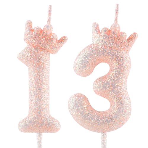 Glitzernde rosa Krone Geburtstagskerze, 13. glitzernde rosa Geburtstagskerze mit Zahl für Tortenverzierungen für Mädchen, Themenparty, Hochzeitstag, Feierlichkeiten von Zi Lan