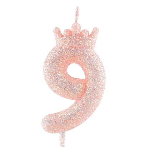 Glitzernde rosa Krone Geburtstagskerze, 9. glitzernde rosa Geburtstagskerze mit Zahl für Tortenverzierungen für Mädchen, Themenparty, Hochzeitstag, Feierlichkeiten von Zi Lan