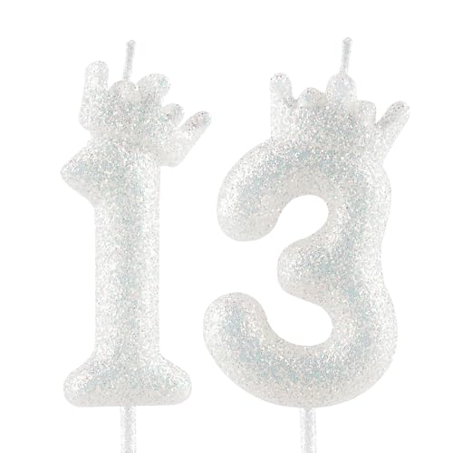 Glitzernde weiße Krone Geburtstagskerze, 13. glitzernde weiße Geburtstagskerze mit Zahl für Tortenverzierungen für Mädchen, Themenparty, Hochzeitstag, Feierlichkeiten von Zi Lan