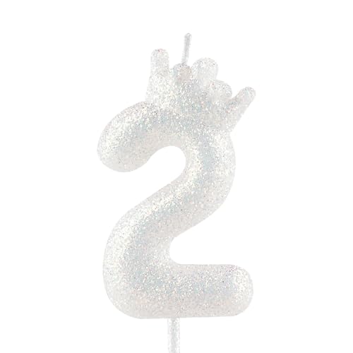Glitzernde weiße Krone Geburtstagskerze, 2. glitzernde weiße Geburtstagskerze mit Zahl für Tortenverzierungen für Mädchen, Themenparty, Hochzeitstag, Feierlichkeiten von Zi Lan