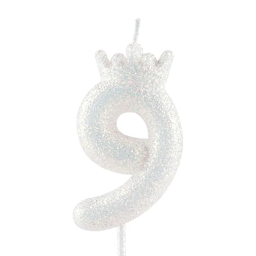 Glitzernde weiße Krone Geburtstagskerze, 9. glitzernde weiße Geburtstagskerze mit Zahl für Tortenverzierungen für Mädchen, Themenparty, Hochzeitstag, Feierlichkeiten von Zi Lan