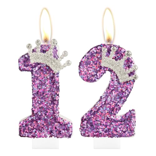 Zi Lan 12 Geburtstag Kerzen für Mädchen, lila Krone Nummer 12 Kerze für Kuchen Topper Dekorationen für Mädchen Geburtstag Party Hochzeit Jahrestag Feier Zubehör von Zi Lan