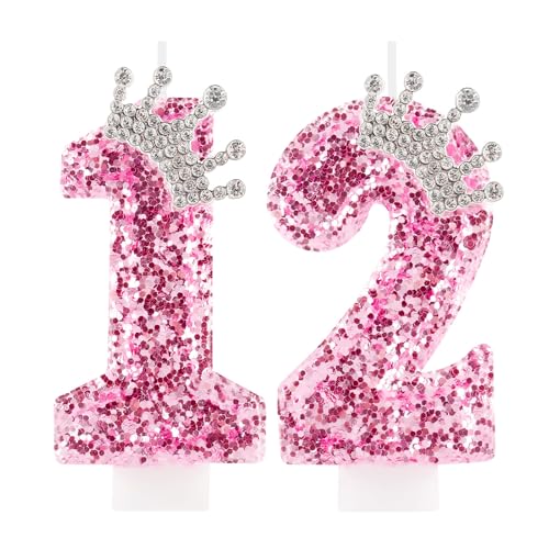 Zi Lan 12 Geburtstag Kerzen für Mädchen, rosa Krone Nummer 12 Cake Topper Dekorationen für Frauen Party Hochzeit Jahrestag Feier Supplies von Zi Lan