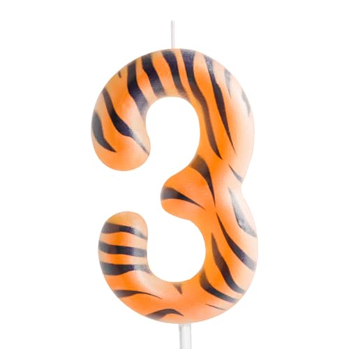 Zi Lan Tiger Geburtstagskerze Nummer 3, Dschungeltier-Tiger-Streifen, 3. Geburtstag, Zahlenkerze, Zoo-Tier-Thema, Kuchendekoration für Jungen, Mädchen, Kindergeburtstag, Party-Dekoration, von Zi Lan