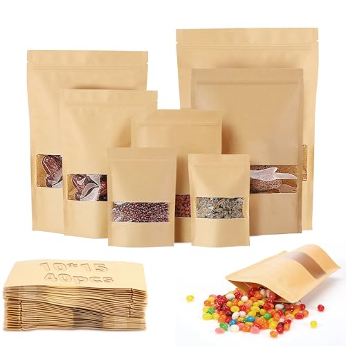 Ziamzra 40 Stück Kraftpapier Tüten 10X15cm Papiertüten mit Fenster Kraftpapiertüten Wiederverwendbar Papiertüten Braun Verschließbare Tüten für Süßigkeiten Snacks Nüsse Kaffeebohnen Teeblätter von Ziamzra