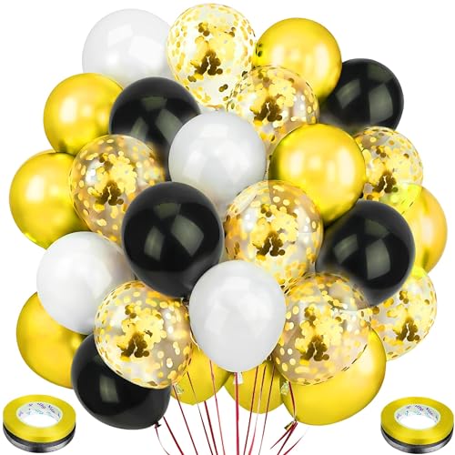 Ziamzra 60 Stück Ballons Geburtstag Set Luftballons Gold Metallic Konfetti Luftballons Weiße Schwarz 12 Zoll Helium Ballons Glitzer mit Bändern für Kinder Mottoparty Deko Hochzeit Silvester Jubiläum von Ziamzra