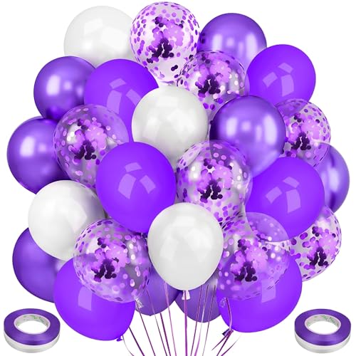 Ziamzra 60 Stück Luftballons Geburtstag Set Luftballons Lila Metallic Konfetti Luftballons Violett Weiße 12 Zoll Helium Ballons mit Bändern für Kinder Mottoparty Hochzeit Deko Silvester Jubiläum von Ziamzra