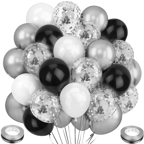 Ziamzra 60 Stück Luftballons Geburtstag Set Luftballons Silber Konfetti Luftballons Schwarz Weiße 12 Zoll Helium Ballons Metallic mit Bändern für Hochzeit Silvester Jubiläum Kinder Party Deko Silber von Ziamzra