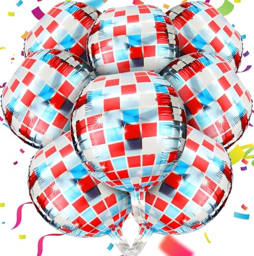 Ziamzra 8 Stück Blau-Rot Discokugel Luftballon Discokugel Set Disco Deko Metallic 4D Folienballons 22 Zoll Helium Ballons für 70er 80er 90er Party Hochzeit Geburtstag Mottoparty Silvester Dekoration von Ziamzra