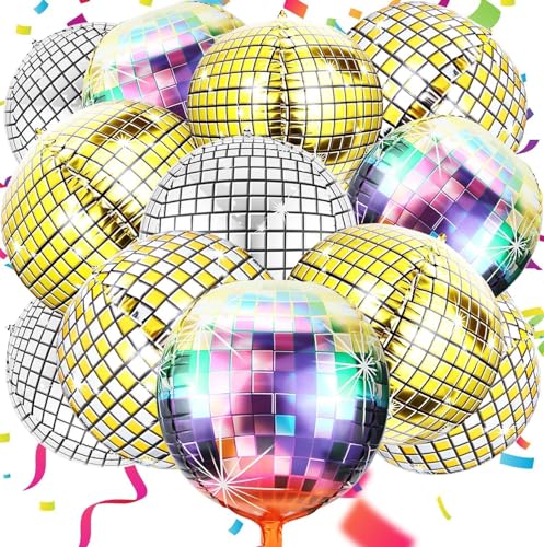Ziamzra 12 Stück Discokugel Deko Set 22 Zoll Disco Deko Discokugel Luftballon Bunt Gold Silber Gold-silberne Metallic Helium Ballons 4D Folienballons für 70er 80er 90er Party Hochzeit Geburtstag Deko von Ziamzra