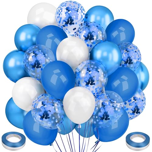 Ziamzra Luftballons Geburtstag Set 60 Stück Blaue Luftballon Konfetti Luftballons Metallic Helium Ballons Blau Weiße 12 Zoll mit Bändern für Hochzeit Silvester Jubiläum Kinder Party Dekoration von Ziamzra