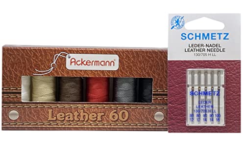 Ackermann Leather Nähgarnset Farben Mix Stärke 60, 6X 120m + Schmetz Leder-Nadel-Sortiment von ZickZackNaehmaschine
