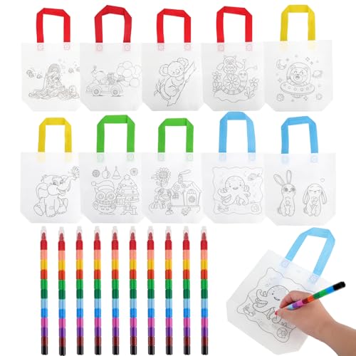 10 Stück DIY Stoffbeutel Zum Bemalen und 10 Stück Stapelbare Wachsmalstifte (12 Farben in 1), Perfekt für Geburtstag Gastgeschenke, Bastelset Geburtstag, Gastgeschenke Hochzeit von Zidoley