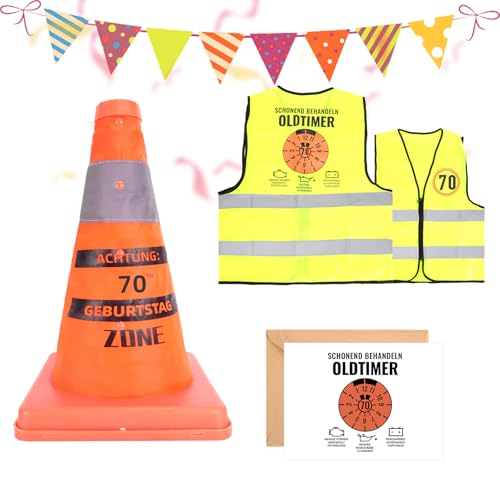 2 Stück Männer Geburtstag Geschenk, Sicherheitskegel, Weste & Geburtstag Grußkarte, Geburtstagsgeschenk für Mann Papa Ehemann, Lustige Party Dekoration Partyzubehö (70 geburtstag mann) von Zidoley