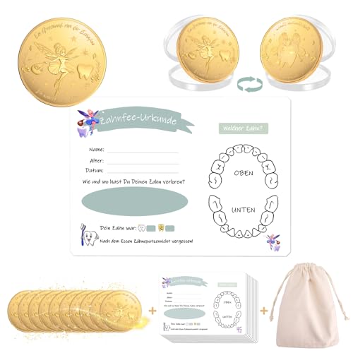 21 Stück Zahnfee Münzen Set, Zahnfee Geschenke Mädchen & Jungen, 10 Stück Goldtaler & 10 Urkunden, Verlorenen Zahn Zahnfee Taler Münze Geschenk Souvenir,Tooth Fairy Coins von Zidoley