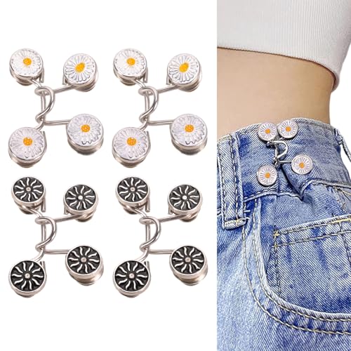 8 Sets Verstellbare Nagelfreie Taillenschnallen Hose Enger Machen Clip, Nähfreiknopf Button Pins Abnehmbarer Jeansknopf Hosen Clips für Hosen Jeans (4 Sonnenblumen + 4 weiße Gänseblümchen) von Zidoley