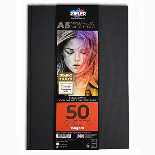 Zieler™ Skizzenbuch, gebunden, gemischte Medien, 150 g/m², 50 Blatt, ideal für die Verwendung mit Bleistiften, Kohle, Graphit, Pastellkreiden und hellen Aquarellfarben, säurefreie Blätter, Hochformat von Zieler