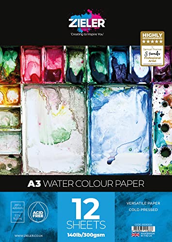 Zieler™ Aquarellpapier, feinkörnig, strukturiert, 300 g/m², 12 Blatt, ideal zum Einweichen und Abdecken (A3) von Zieler