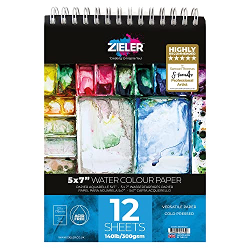 Zieler Aquarellpapier, spiralförmig, feinkörnig, strukturiert, 12,7 x 17,8 cm, 300 g/m², 12 Blatt – von Zieler® – ideal zum Einweichen und Abkleben Hergestellt in Großbritannien von Zieler