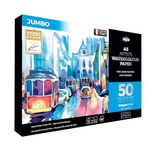 Zieler Jumbo A3 Aquarellpapier, fein genarbt, strukturiert, von Zieler. 50 Blatt, 300 g/qm, quer Ideal zum Einweichen und Abdecken. Hergestellt in Großbritannien. Enthält ein Starter-Hinweisblatt Zieler Jumbo A3 Aquarellpapier, fein genarbt, strukturiert, von Zieler. 50 Blatt, 300 g/qm, quer Ideal zum Einweichen und Abdecken. Hergestellt in Großbritannien. Enthält ein Starter-Hinweisblatt von Zieler
