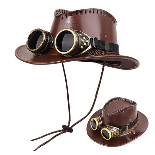 Ziennhu Cowboyhut für Frauen und Männer, Western Wildleder Panama Hats Cowboyy | Deluxe Hass mit Brille, Steampunk, Kopfbedeckung, Themenparty, Karneval | Unisex Food Dress Accessoire von Ziennhu
