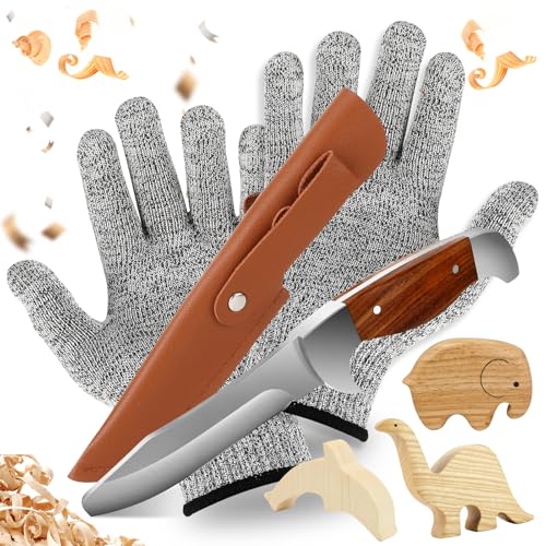 Zikenis Schnitzmesser Kinder ab 6 Jahre, Taschenmesser Kinder mit Messerscheide und Schnittfeste Handschuhe, Kindermesser, Kindermesser Schnitzset Schnitzwerkzeug Outdoor Messer von Zikenis