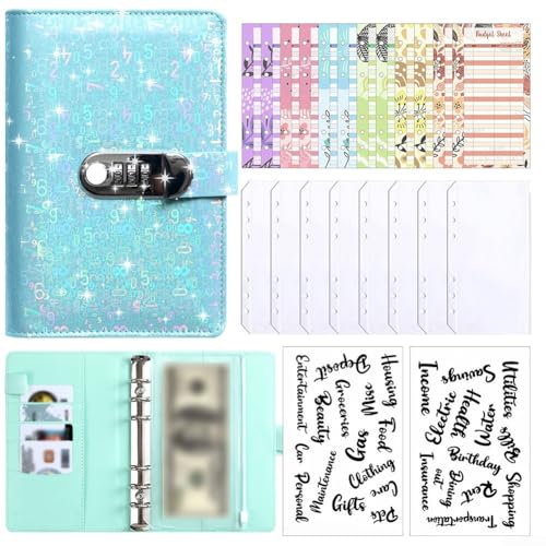 Zilimontt Ringbuch-Set, Budget Binder mit Bargeldumschlägen, Etikettenaufkleberblätter, Budgetblätter, Geldsparung Brieftasche Ringbuch-Notizbuch mit Taschen für Budgetplaner, Reisen, Arbeit (B Blau) von Zilimontt