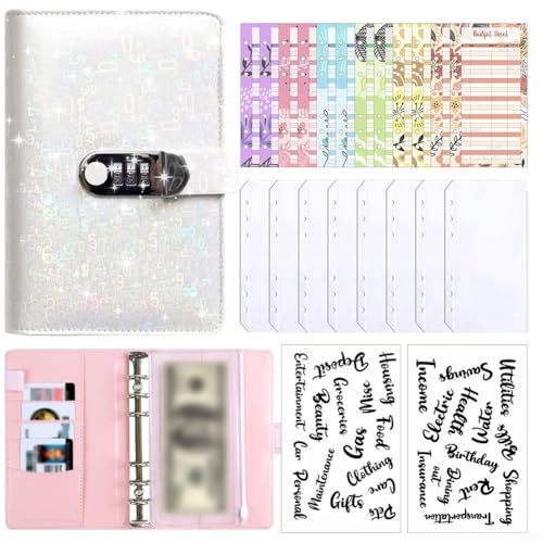 Zilimontt Ringbuch-Set, Budgetbinder mit Geldumschlägen, Etikettenaufkleberblätter, Budgetblätter, Geldsparung, Brieftasche, Ringbuch-Notizbuch mit Taschen für Budgetplaner, Reisen, Arbeit (B Weiß) von Zilimontt