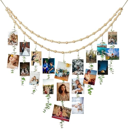 Bilderrahmen Collage, Fotowand Mit Klammern Groß, Fotowand Aus Holz, Mit Holzperlen Und Künstlichen Eukalyptusblättern, Bilder Aufhängen Schnur Für Wanddekoration, Bilderwand, Postkartenhalter Wand Bilderrahmen Collage, Fotowand Mit Klammern Groß, Fotowand Aus Holz, Mit Holzperlen Und Künstlichen Eukalyptusblättern, Bilder Aufhängen Schnur Für Wanddekoration, Bilderwand, Postkartenhalter Wand von Zillary