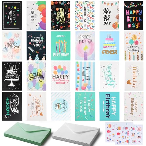 24er-Set Geburtstagskarten mit Umschlägen Hochwertige Klappkarten in 24 einzigartigen Designs, inkl. farbiger Umschläge & Aufkleber, Karte Geburtstag für Geburtstagswünsche, Grußkarten & Nachrichten von Zimoer