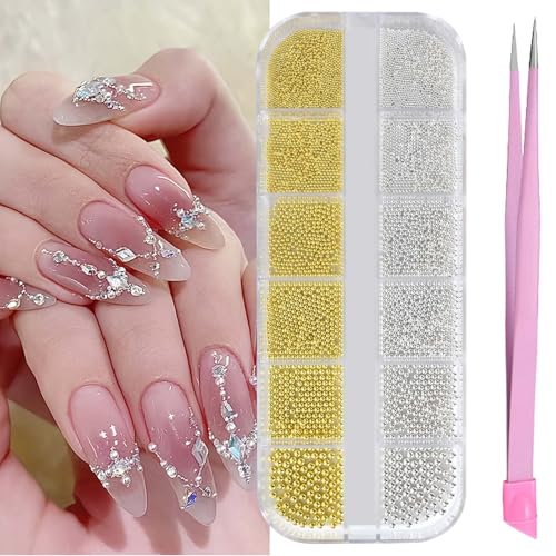 Nailart Perlen Micro Kaviar für Nägel, Goldene Silber Mini Kaviar Strasssteine mit Pinzette, Nagelkaviarperlen Kaviarperlen für Nägel, Gold Silber Stahl Ball Nagelschmuck für Nagelkunst DIY Basteln von Zimoer