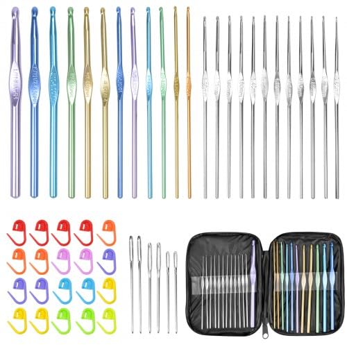 Zimoer 50 Stück Häkelnadeln Set, Häkelset für Anfänger, Bunte Aluminium Stricken Häkeln Häkelsets in verschiedenen Größen mit Große Augen Nadeln, Tragbaren Tasche, Stichmarker, für DIY-Handstrick Zimoer 50 Stück Häkelnadeln Set, Häkelset für Anfänger, Bunte Aluminium Stricken Häkeln Häkelsets in verschiedenen Größen mit Große Augen Nadeln, Tragbaren Tasche, Stichmarker, für DIY-Handstrick von Zimoer