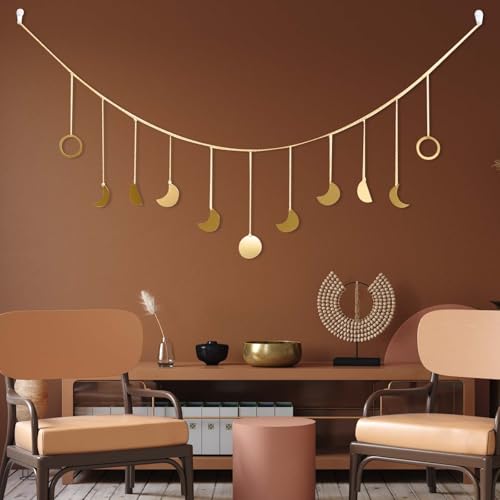 Zimoer Mondphasen Girlande, Wanddeko Boho, Goldene Boho-Wanddekoration, Mondphasengirlande Ornamente Sonne und Mond Stil Metall Boho, für Wohnkultur, Schlafzimmer, Wohnzimmer, Café, Sofa, 141 cm von Zimoer