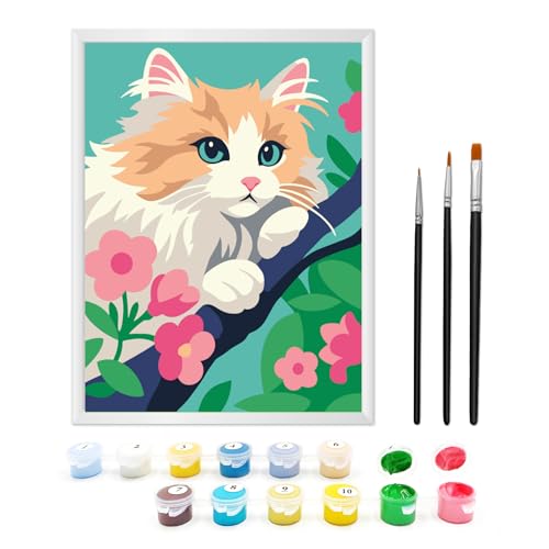 Zimrobin Malen Nach Zahlen ab 5 6 7 Jahre Mädchen und Junge, Malen Nach Zahlen für Kinder mit Rahmen 3 Pinsel und Acrylfarben, 18 X 24cm(Anmutige Katze) von Zimrobin