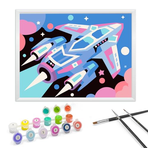 Zimrobin Malen Nach Zahlen ab 5 6 7 Jahre Mädchen und Junge, Malen Nach Zahlen für Kinder mit Rahmen 3 Pinsel und Acrylfarben, 18 X 24cm(Blaues Raumschiff) von Zimrobin