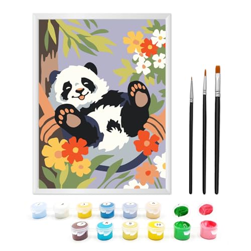 Zimrobin Malen Nach Zahlen ab 5 6 7 Jahre Mädchen und Junge, Malen Nach Zahlen für Kinder mit Rahmen 3 Pinsel und Acrylfarben, 18 X 24cm(Blumen Panda) von Zimrobin
