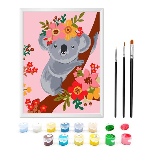 Zimrobin Malen Nach Zahlen ab 5 6 7 Jahre Mädchen und Junge, Malen Nach Zahlen für Kinder mit Rahmen 3 Pinsel und Acrylfarben, 18 X 24cm(Netter Grauer Koala) von Zimrobin