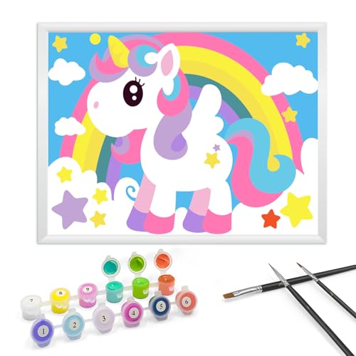 Zimrobin Malen Nach Zahlen ab 5 6 7 Jahre Mädchen und Junge, Malen Nach Zahlen für Kinder mit Rahmen 3 Pinsel und Acrylfarben, 18 X 24cm(Regenbogen Einhorn) von Zimrobin
