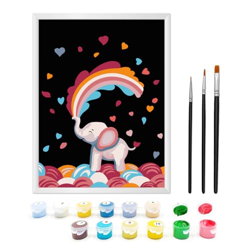 Zimrobin Malen Nach Zahlen ab 5 6 7 Jahre Mädchen und Junge, Malen Nach Zahlen für Kinder mit Rahmen 3 Pinsel und Acrylfarben, 18 X 24cm(Regenbogen Elefant) von Zimrobin