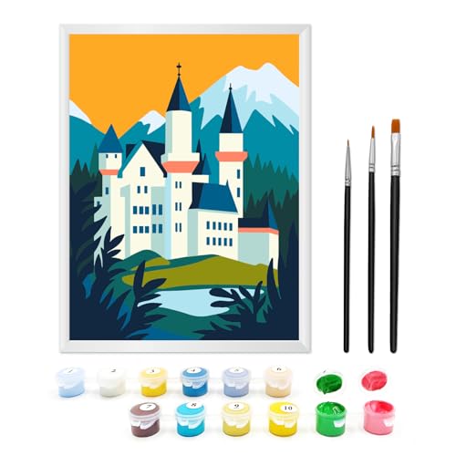 Zimrobin Malen Nach Zahlen ab 5 6 7 Jahre Mädchen und Junge, Malen Nach Zahlen für Kinder mit Rahmen 3 Pinsel und Acrylfarben, 18 X 24cm(Schönes Schloss) von Zimrobin